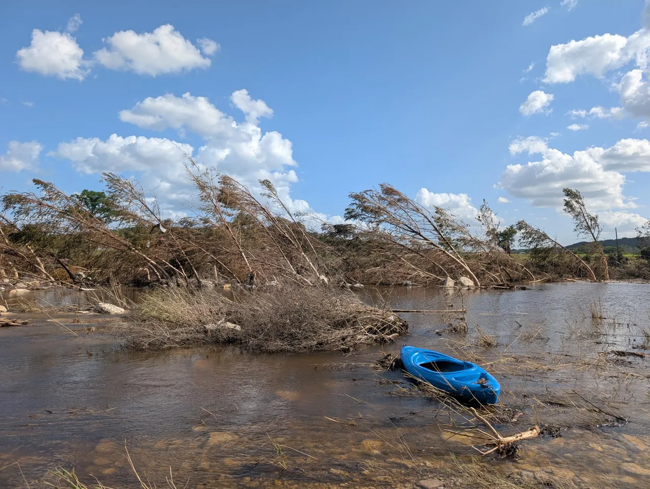 Flood debris and damaged trees beside a river.
